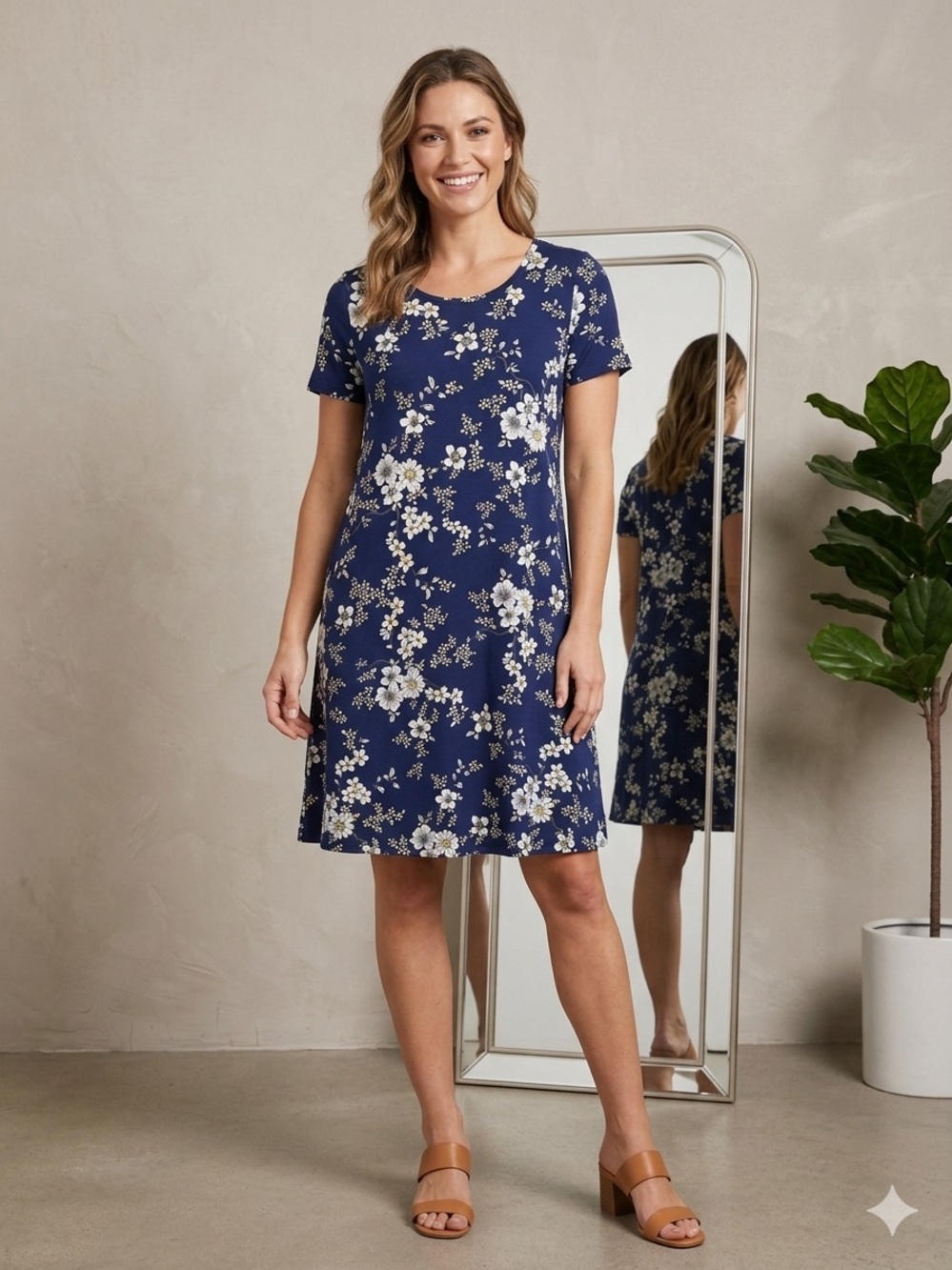 Lionstill Large Navy Floral Short-Sleeve Midi Dress Everyday Wear